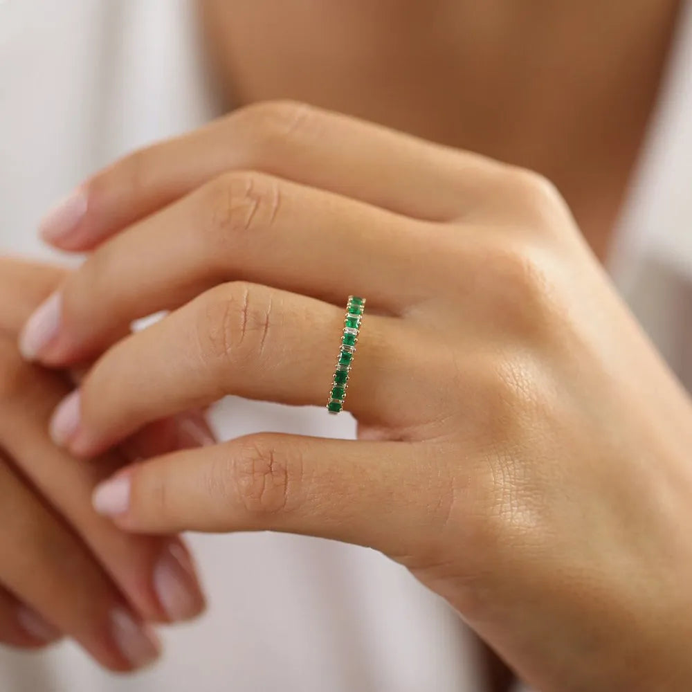 14K Solid Gold Princess Cut Emerald and Baguette Diamond Ring 0.73 CTW Handcrafted Jewelry