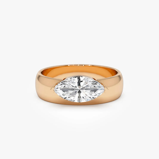 14k Gold 1.00 Carat Lab Grown Diamond Marquise Solitaire Wide Band Ring Solara