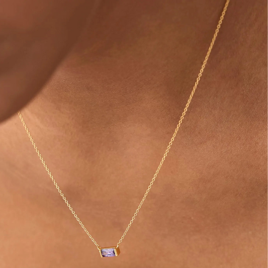 14k Solid Gold Amethyst Baguette Birthstone Necklace 0.35 Carat