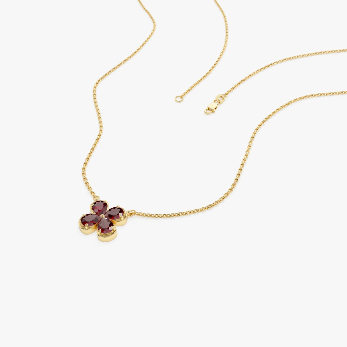 14k Solid Gold Garnet Pear Shaped Four Leaf Clover Necklace 0.75 Carat