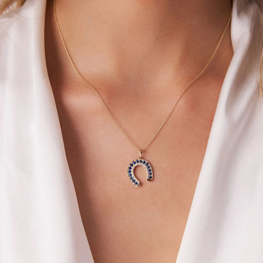 14k Solid Gold Sapphire and Diamond Round Horseshoe Pendant 0.72 Carat