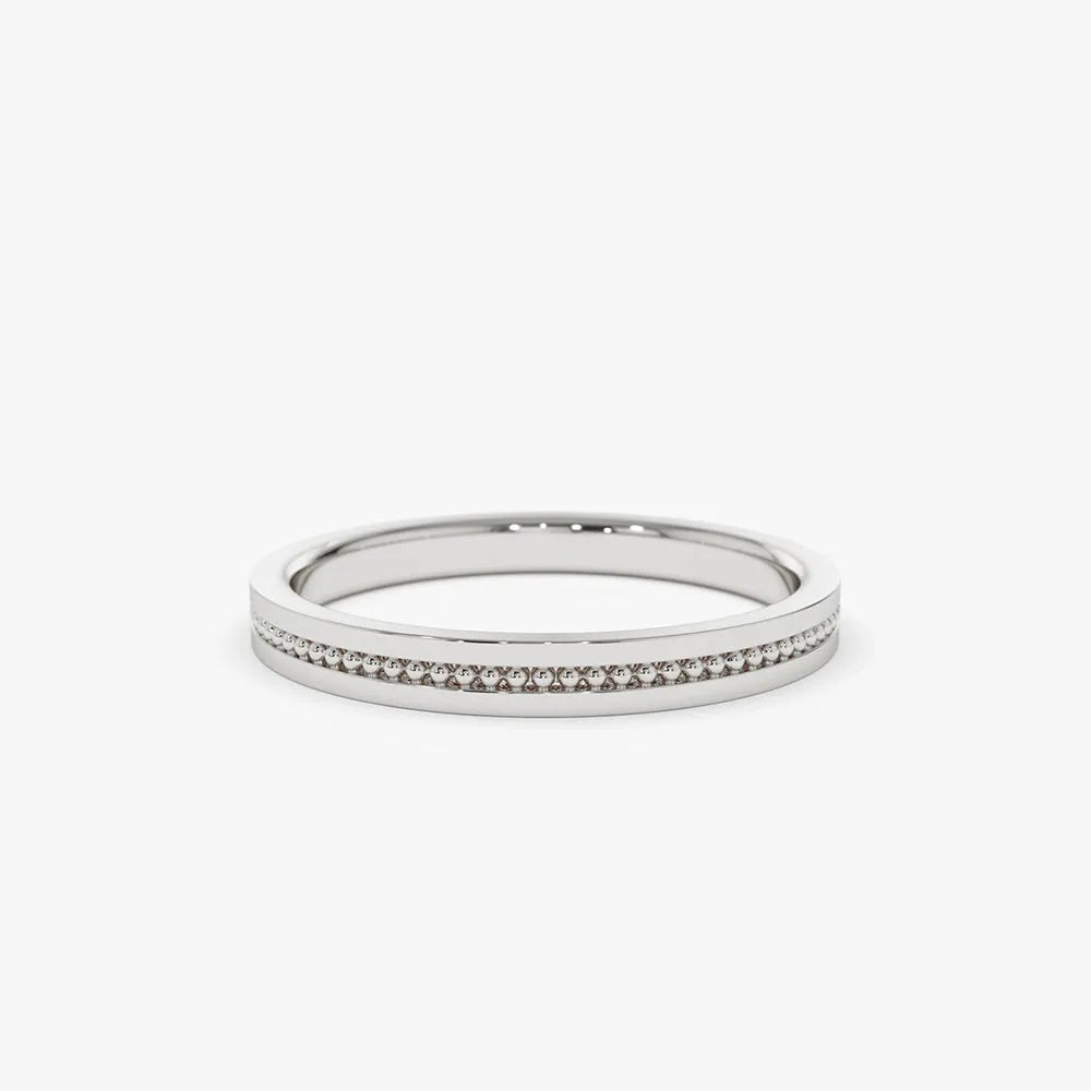 14K Solid Gold 2mm Beaded Stacking Wedding Band Ring