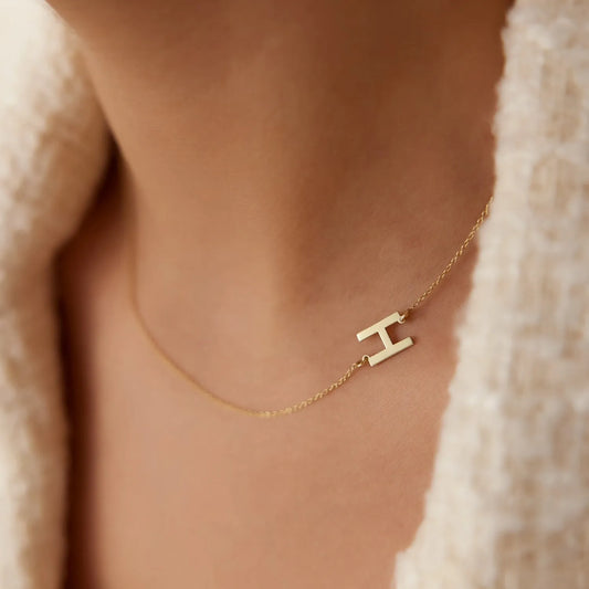 14k Solid Gold Sideways Off-Center Initial Letter Pendant Necklace Personalized