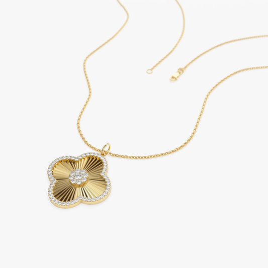 14K Solid Gold 0.38 CTW Round Diamond Textured Clover Charm Pendant Necklace