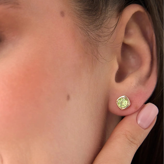14K Solid Gold Round Peridot Cushion Shaped Stud Earrings 1.05ctw