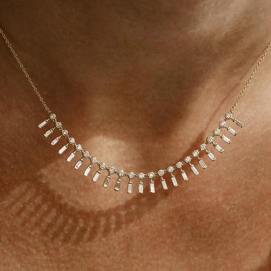 14K Solid Gold Baguette and Round Diamond Statement Necklace Bezel Set 1.75ctw
