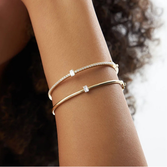 14K Solid Gold 0.30 CTW Emerald Cut Diamond Solitaire Bangle
