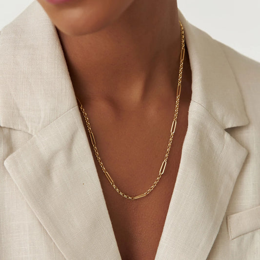 14k Solid Gold Rolo and Paperclip Mixed Link Chain Necklace
