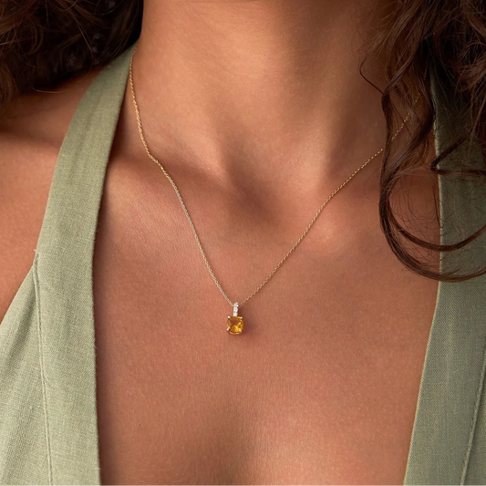 14k Solid Gold Citrine and Diamond Cushion Cut Pendant Necklace 1.02 Carat