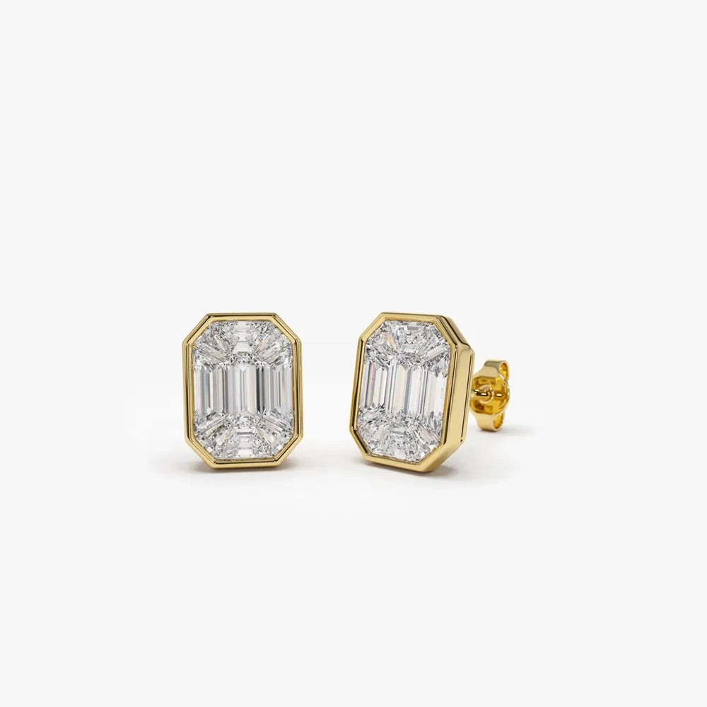 14k Gold Diamond Baguette Step Cut Mosaic Illusion Stud Earrings Invisible Bezel 0.80 ctw