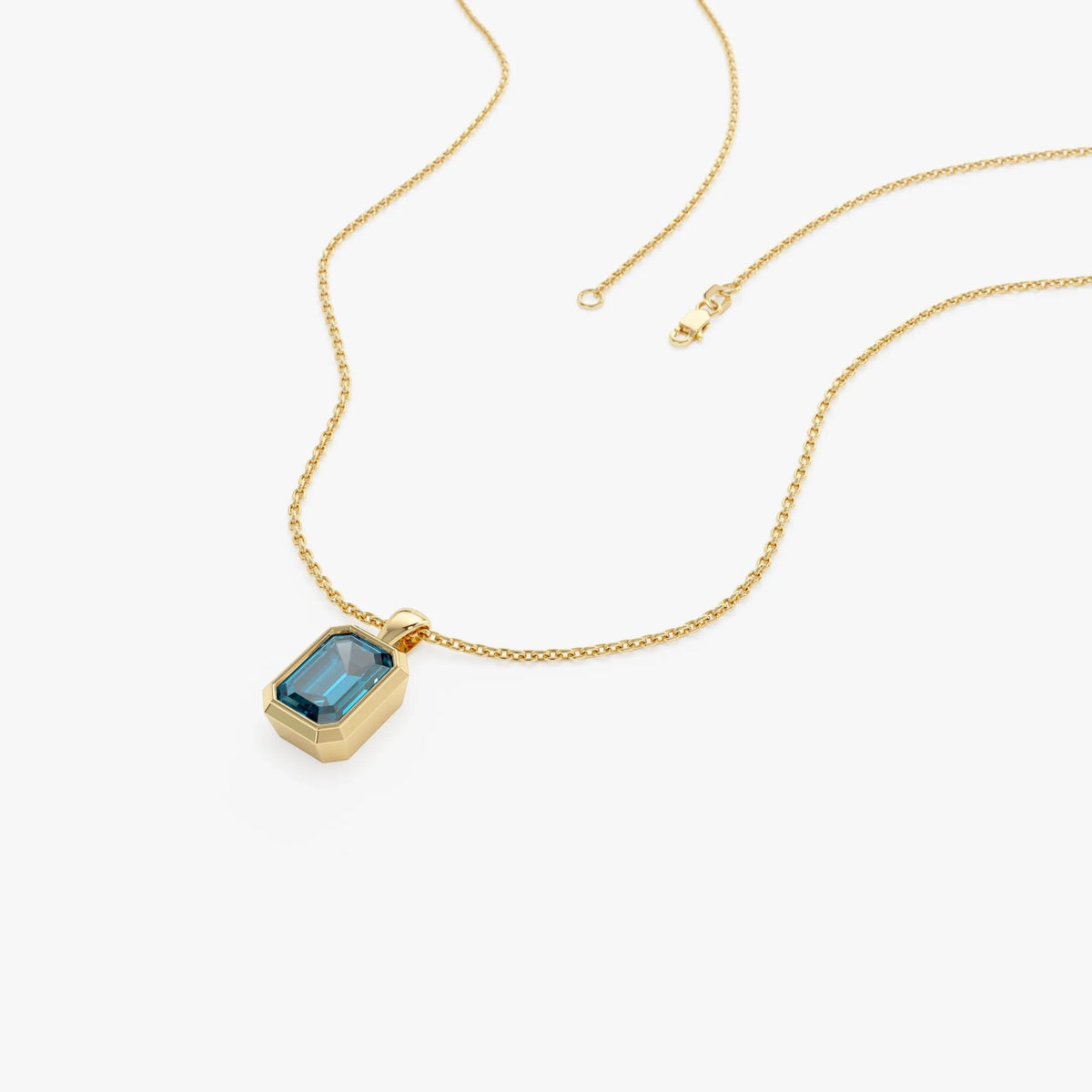 14k Solid Gold London Blue Topaz Emerald Cut Vertical Pendant 1.2 Carat Bezel Setting