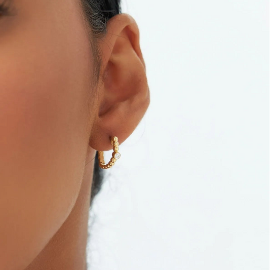 14k Gold Diamond Round Cut Bezel Setting Beaded Huggie Earrings 0.10 ctw