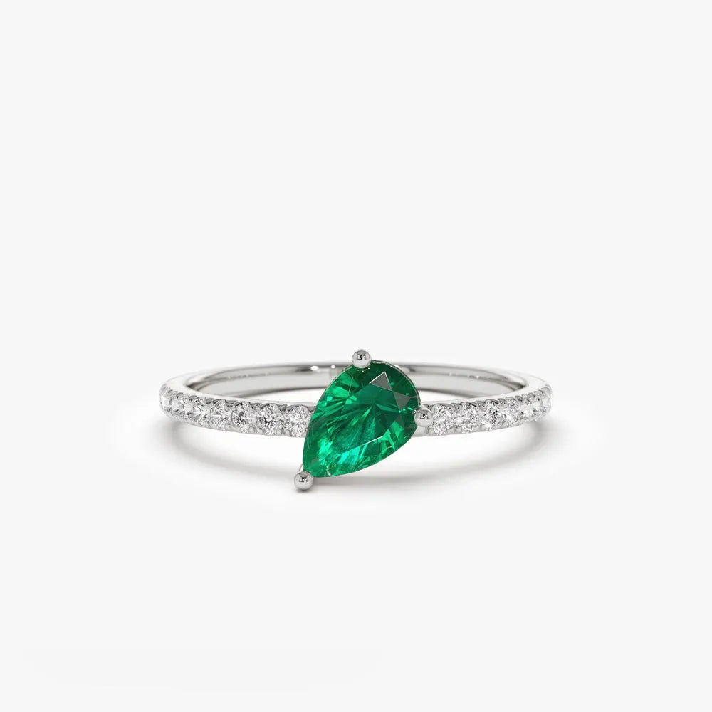 14K Solid Gold Slanted Pear Emerald and Round Diamond Pave Ring 0.50 CTW Handcrafted Jewelry