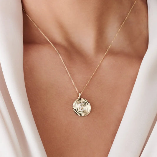 14K Solid Gold Round Diamond Initial Disc Pendant Necklace 0.10ctw