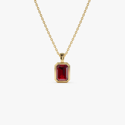 14k Solid Gold Garnet Emerald Cut Vertical Pendant 1.2 Carat Bezel Setting