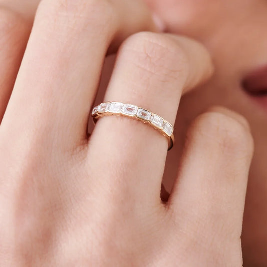 14k Gold Emerald Cut Diamond Half Bezel Wedding Band 0.75 ctw