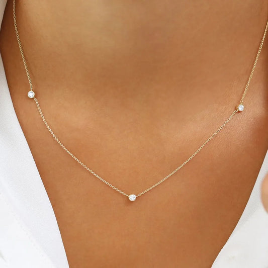 14K Solid Gold Round Diamond 3 Stone Bezel Set By The Yard Necklace 0.19cttw
