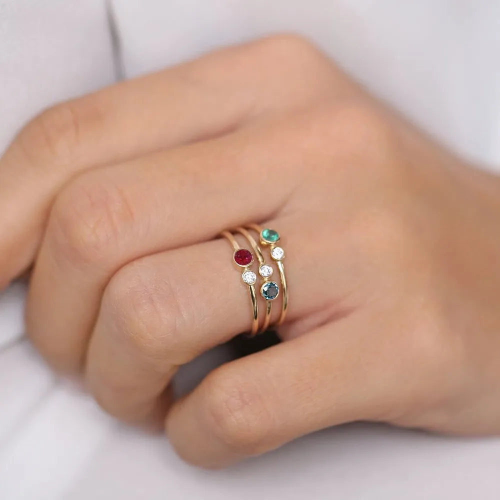 14K Solid Gold Round Emerald and Diamond Bezel Set Ring 0.17 CTW Handcrafted Jewelry