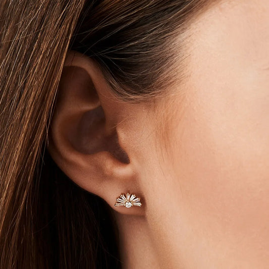 14k Gold Diamond Tapered Baguette Half Round Stud Earrings 0.28 ctw