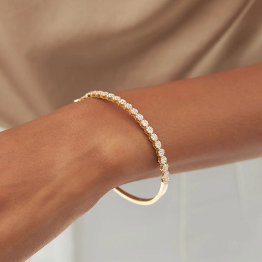 14K Solid Gold 1.15 CTW Round Diamond Cluster Bangle