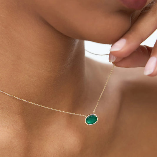 14k Solid Gold Oval and Octagon Cut Emerald 1.55 to 2.20 CTW Bezel Setting Necklace
