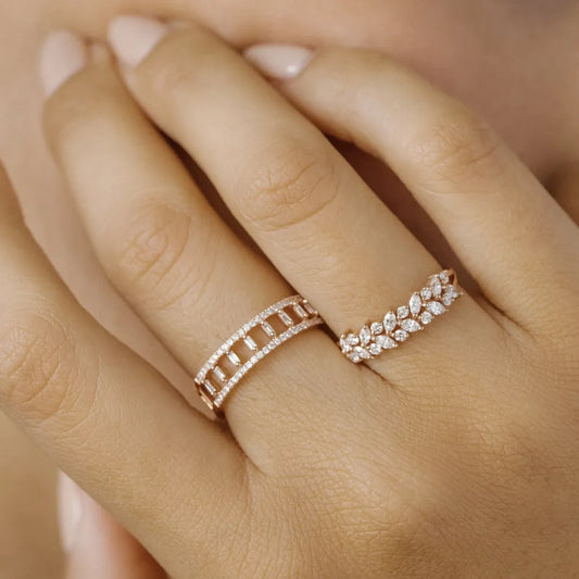 14K Solid Gold 0.40 Carat Baguette and Round Cut Diamond Double Row Micro Pave Ring