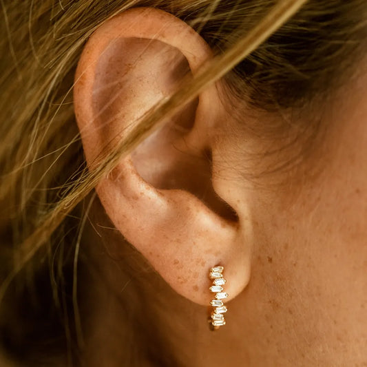 14k Gold Lab Grown Diamond Baguette Cut Horizontal Set Mini Huggie Hoop Earrings 0.39 ctw