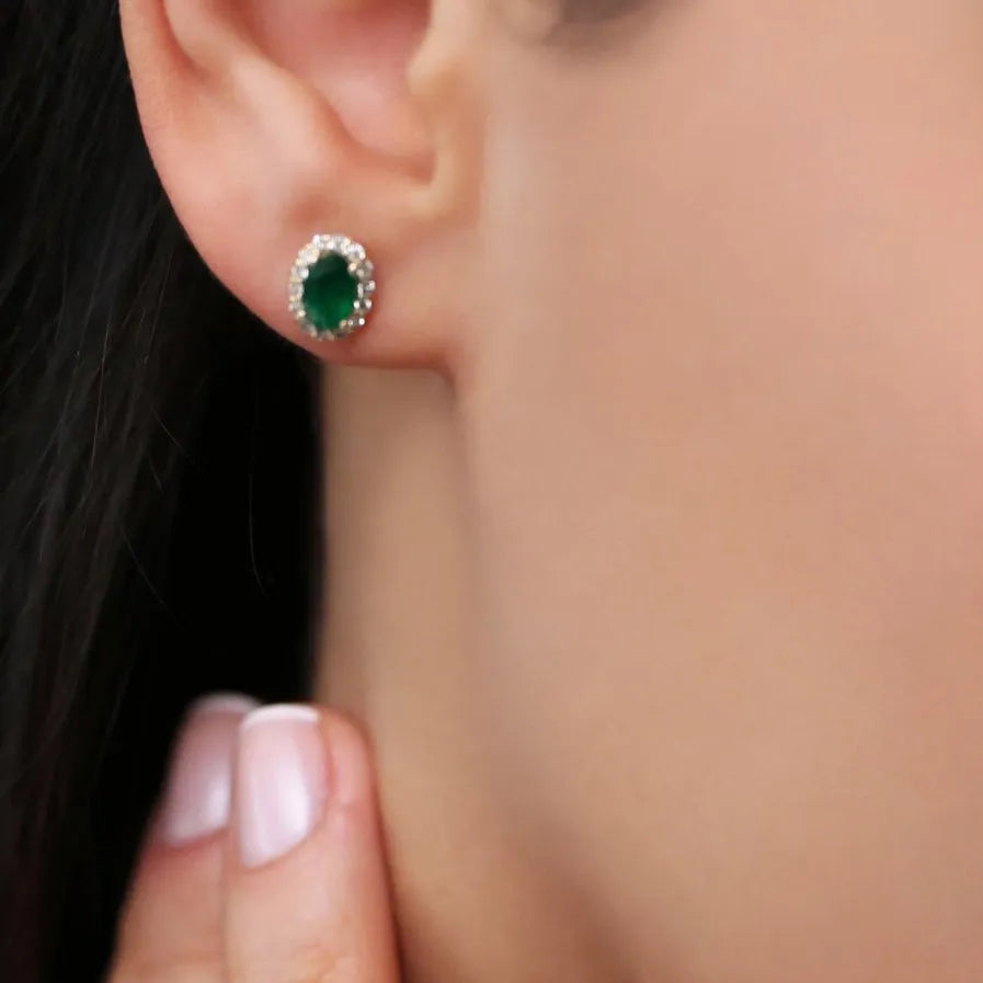 14K Gold Oval Cut Emerald and Diamond Halo Stud Earrings 1.12ctw Prong Setting