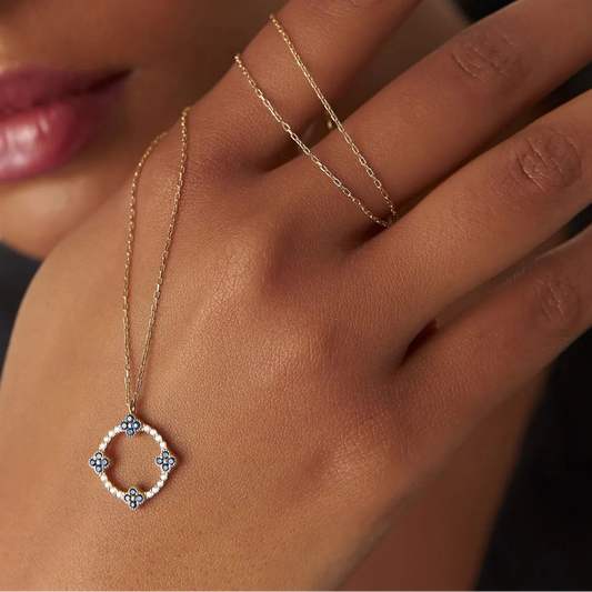 14k Solid Gold Sapphire and Diamond Round Clover Necklace 0.33 Carat