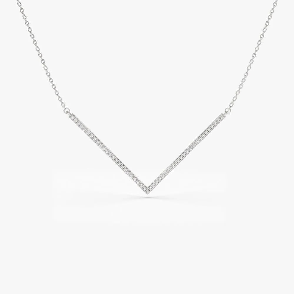 14K Solid Gold Round Diamond Micro Pave V Shaped Chevron Necklace 0.30ctw