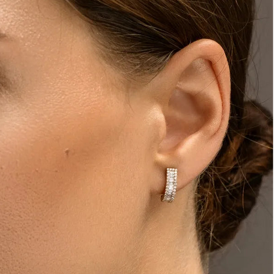 14k Gold Diamond Baguette and Round Cut Micro Pave Hoop Earrings 0.75 ctw