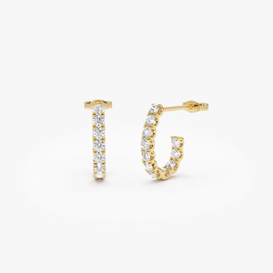 14k Gold Diamond Round Cut Inside Out J Hoop Earrings 0.95 ctw