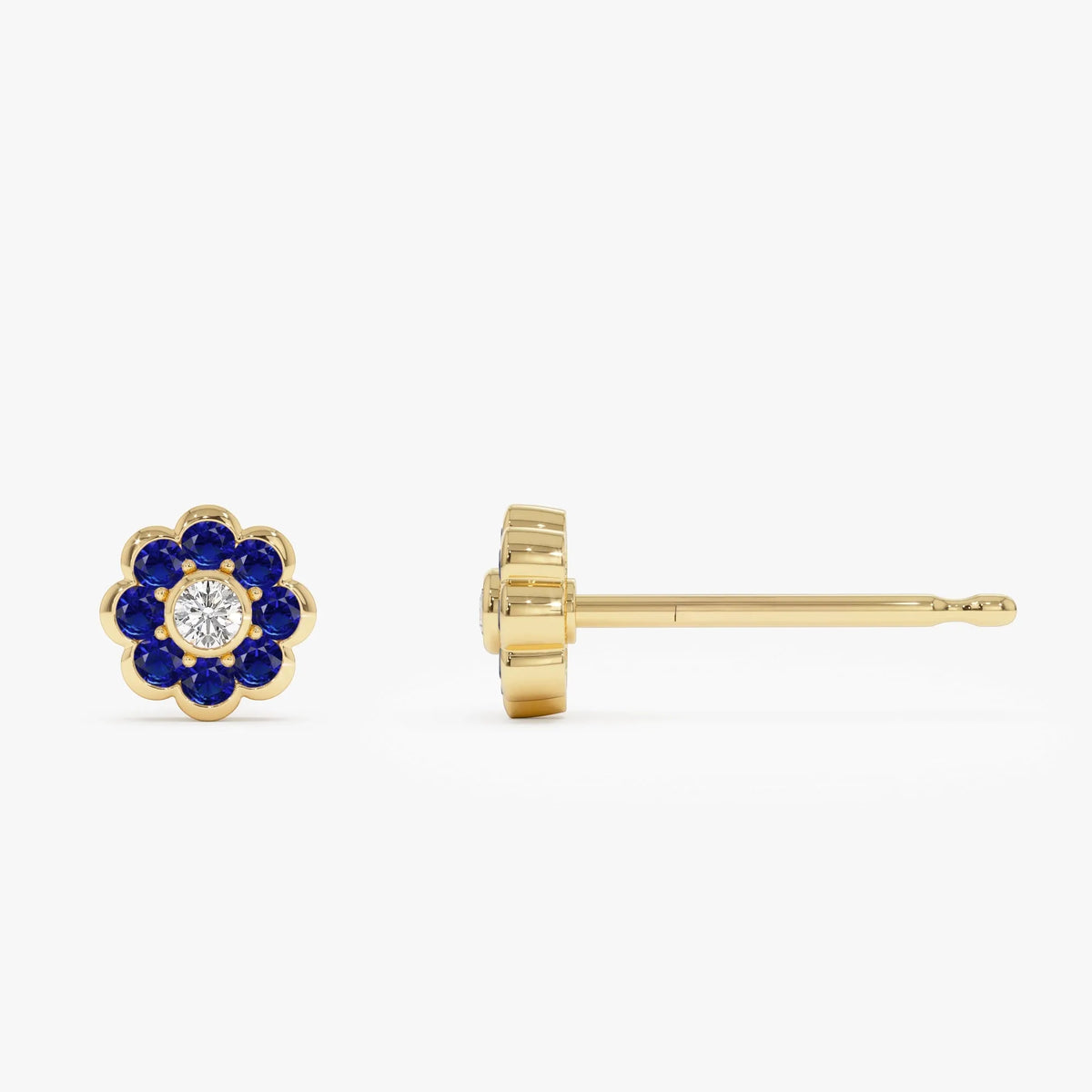 14k Solid Gold Round Blue Sapphire and Diamond Flower Bezel Set Stud Earrings 0.57 ctw