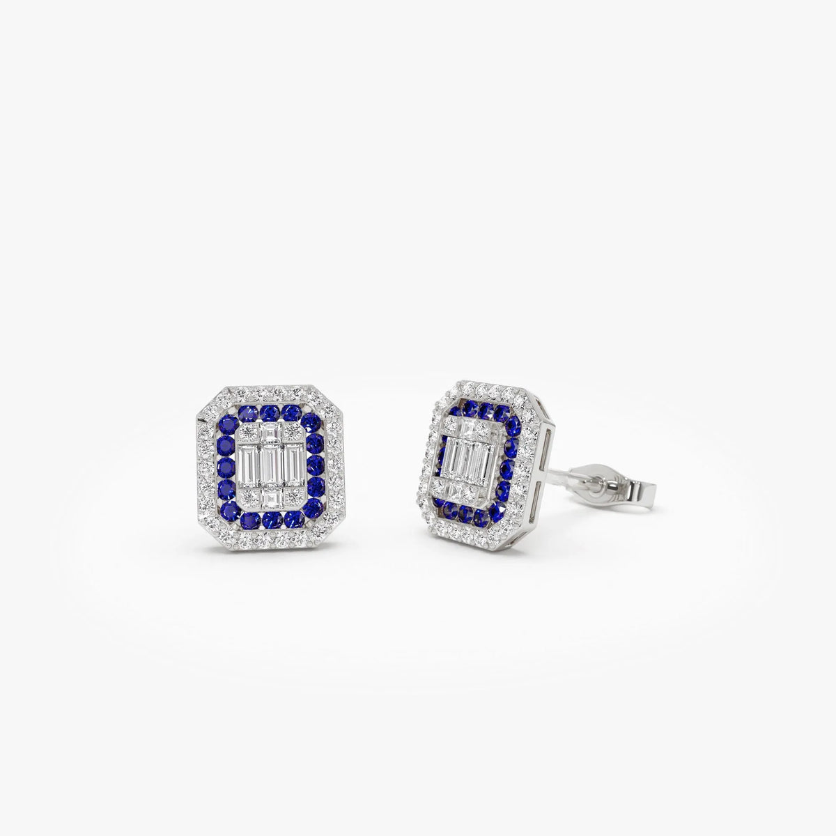 14k Solid Gold Round Sapphire and Baguette Diamond Halo Stud Earrings 0.70 ctw