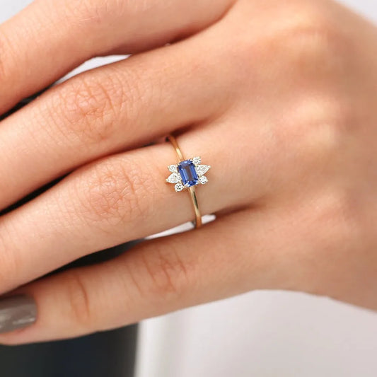 14k Gold Sapphire and Diamond Octagon Pear and Round Cut Ring 0.62 ctw