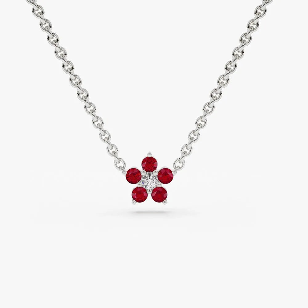 14k Solid Gold Ruby and Diamond Round Flower Charm Necklace 0.16 Carat Prong Setting