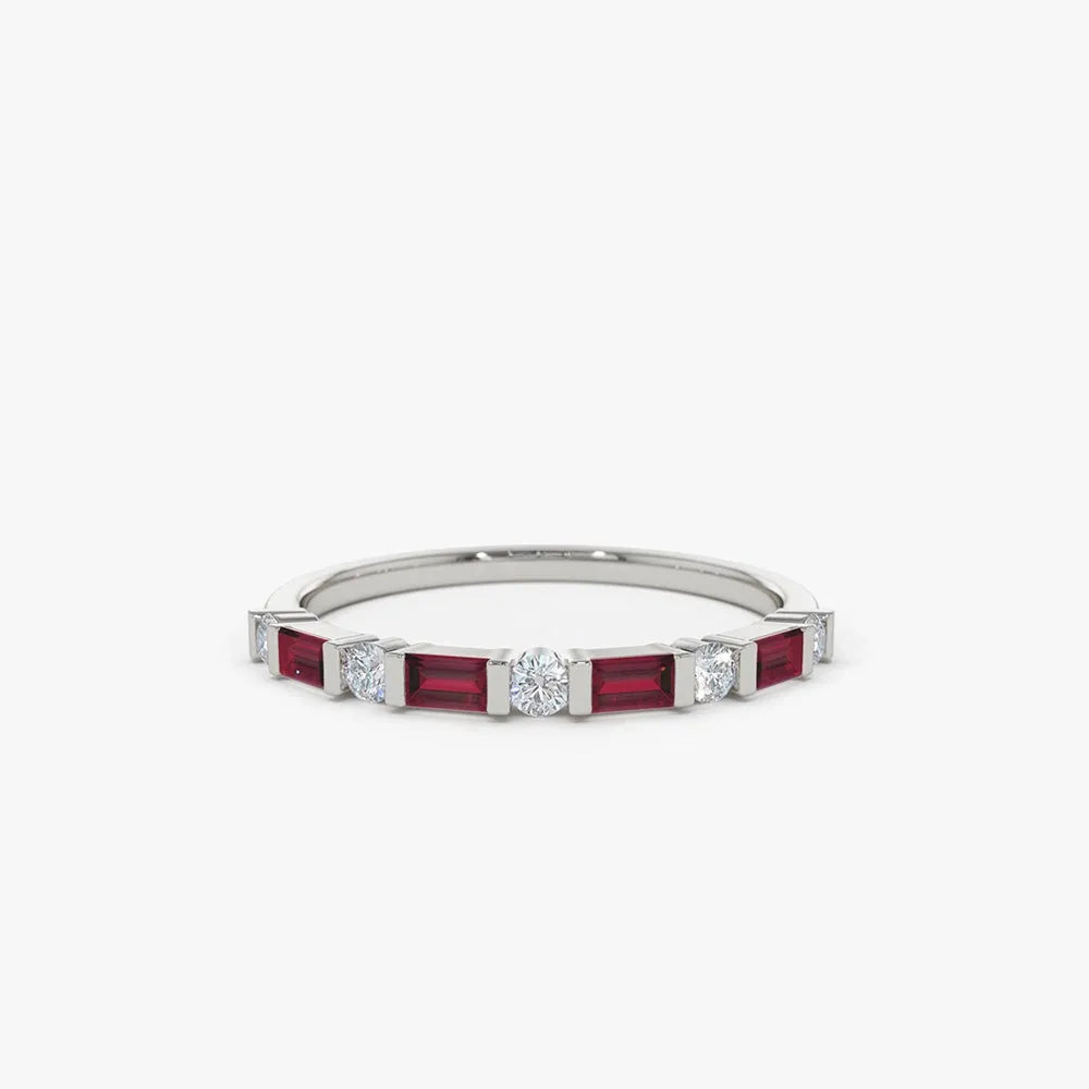 14k Gold Ruby and Diamond Baguette and Round Cut Stackable Wedding Ring Bar Channel Setting 0.63 ctw