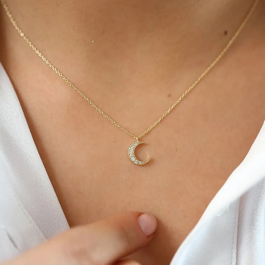 14K Solid Gold Round Diamond Micro Pave Mini Crescent Moon Necklace 0.12cttw