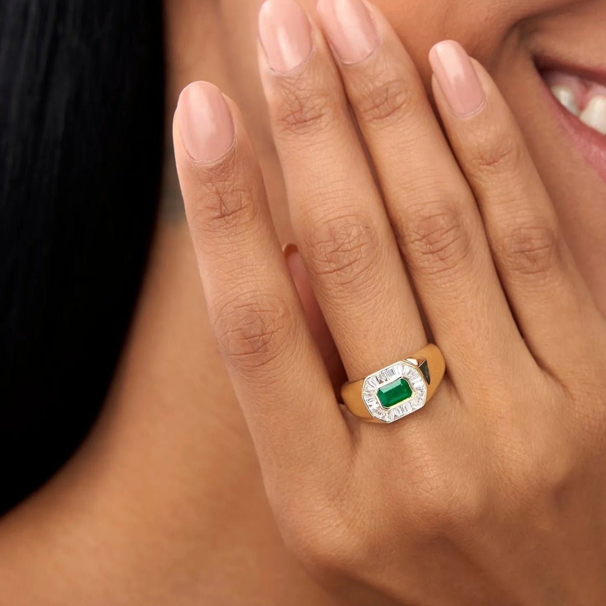 14K Solid Gold Octagon Emerald and Baguette Diamond Signet Ring 1.10 CTW