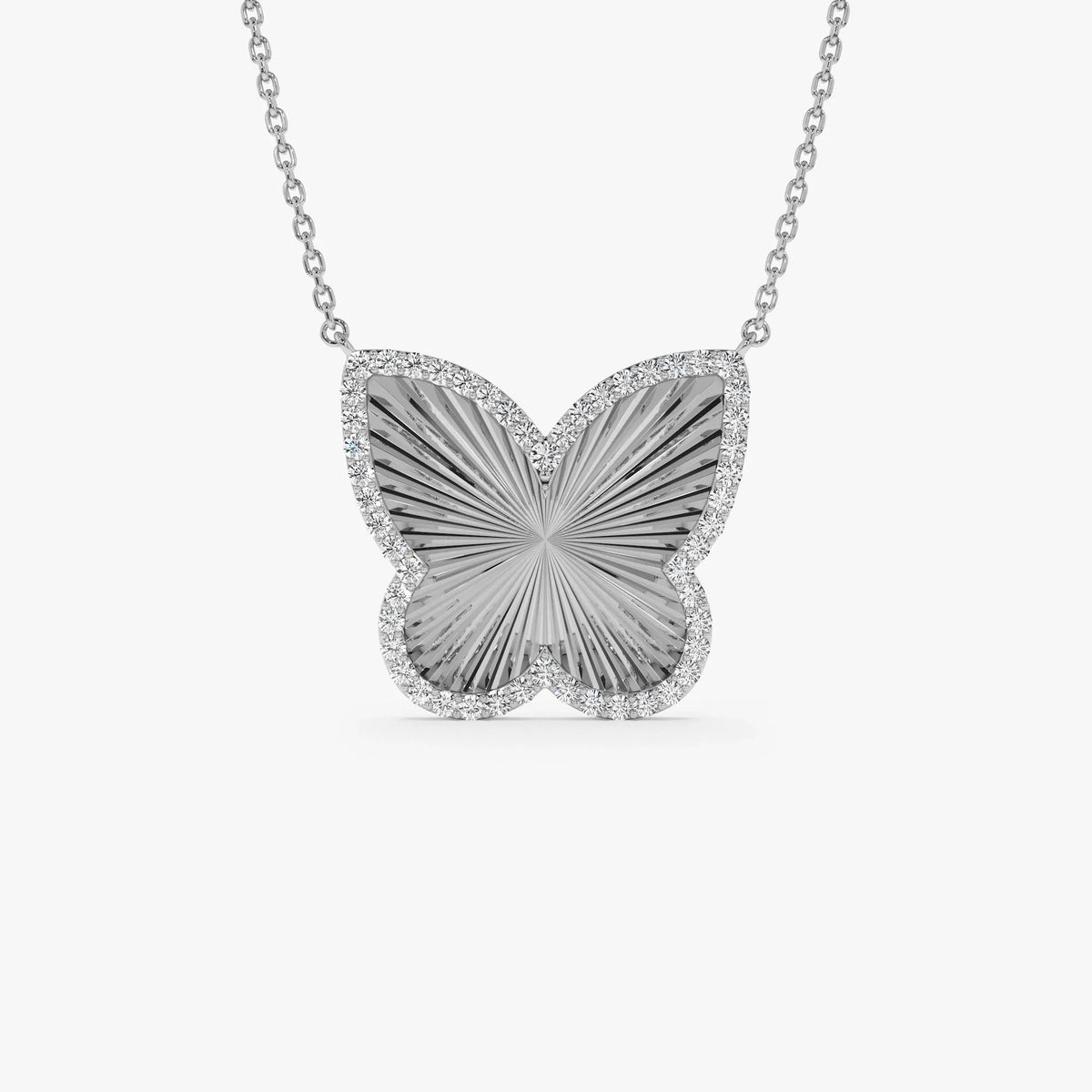 14K Solid Gold 0.30 CTW Round Diamond Textured Butterfly Charm Pendant Necklace