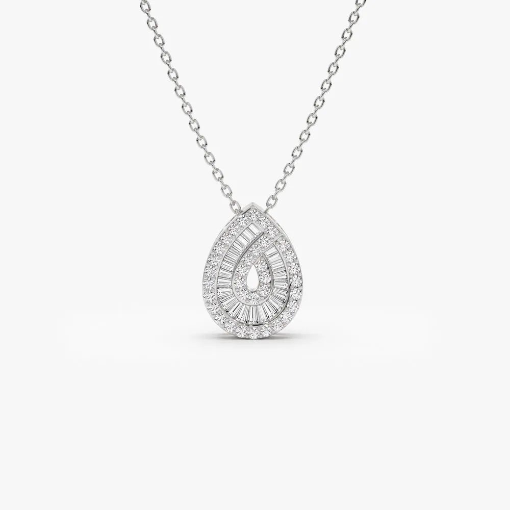 14K Solid Gold Baguette and Round Diamond Teardrop Statement Necklace 0.48ctw