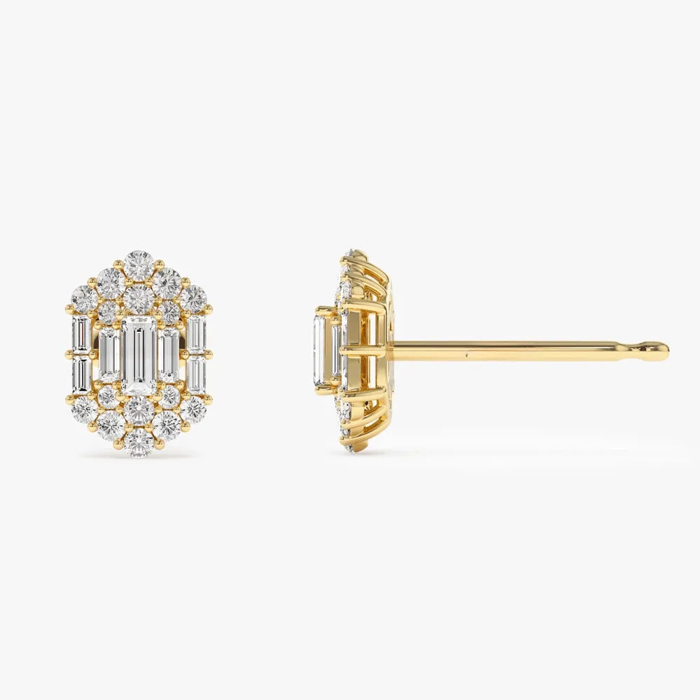 14k Gold Diamond Baguette and Round Cut Hexagon Stud Earrings Prong Setting 0.80 ctw