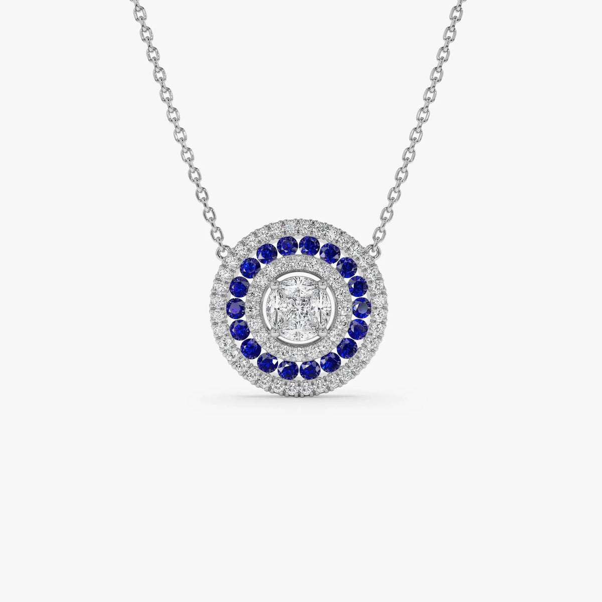 14k Solid Gold Sapphire and Diamond Round Princess Marquise Illusion Medallion Necklace 0.75 Carat
