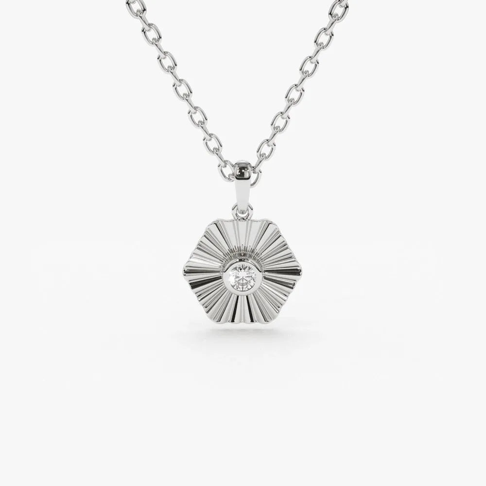 14K Solid Gold Round Diamond Hexagon Disc Ray Pendant Necklace 0.07ctw
