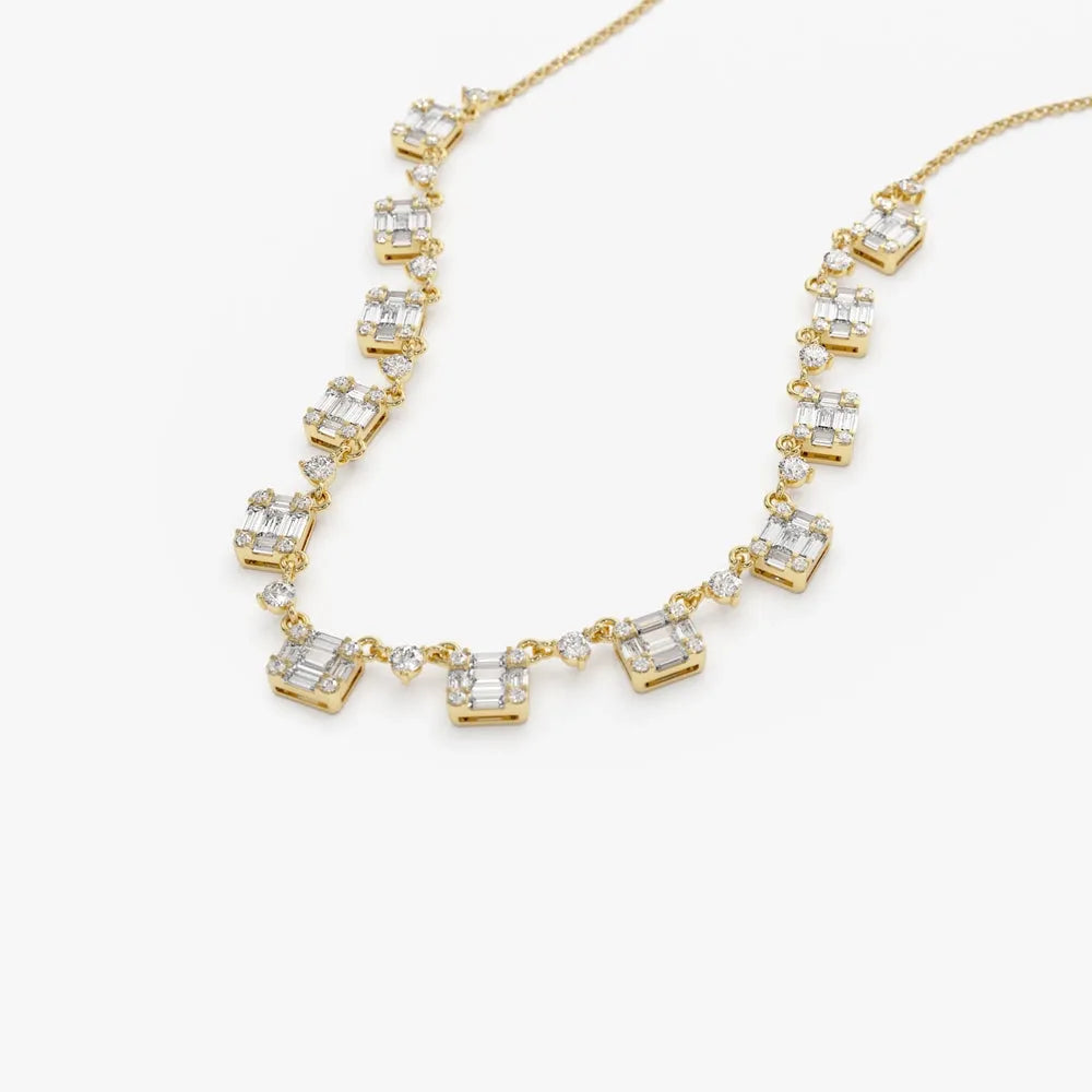 14K Solid Gold Baguette and Round Diamond Illusion Setting Statement Necklace Prong Setting 1.35ctw