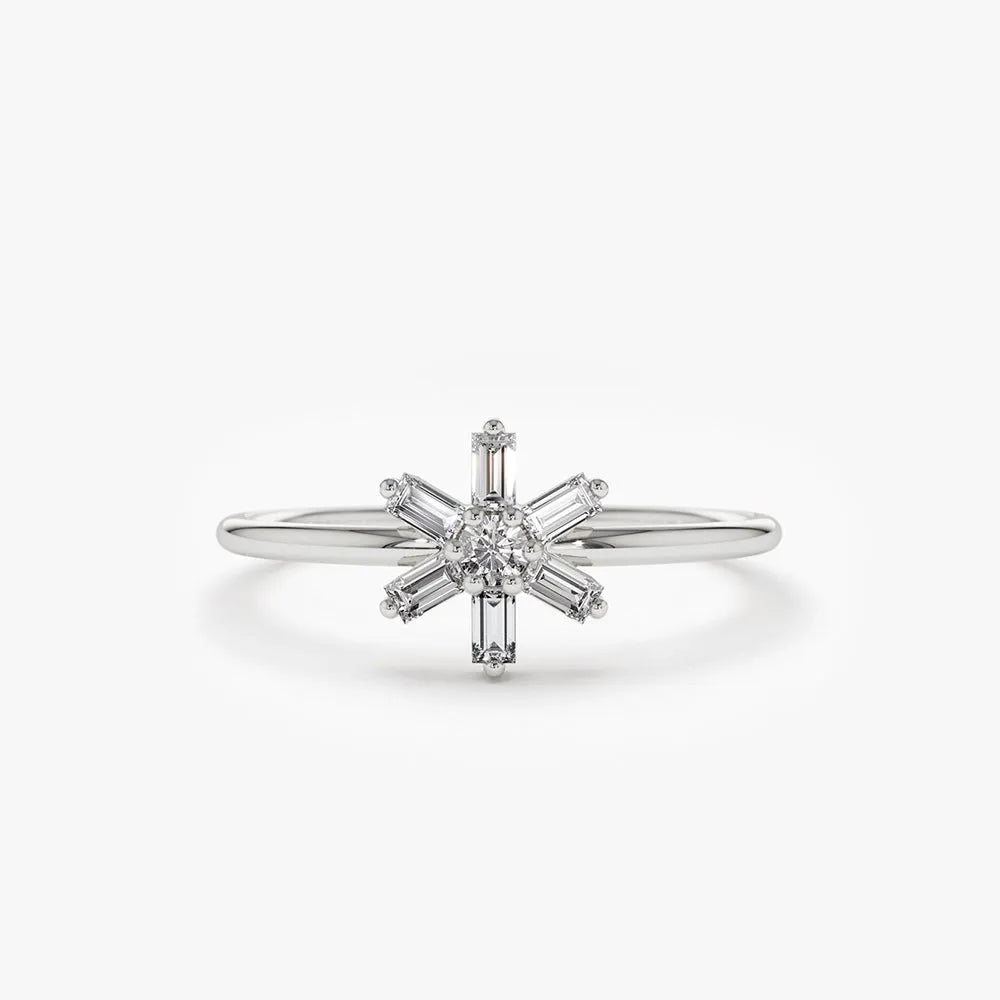 14K Gold Baguette and Round Diamond Flower Ring 0.28 CTW