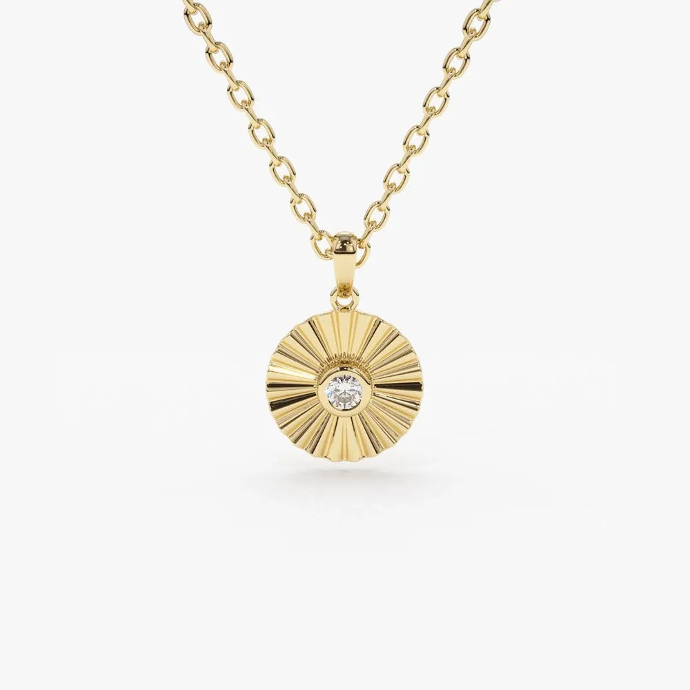 14K Solid Gold Round Diamond Disc Ray Pendant Necklace 10mm 0.07ctw