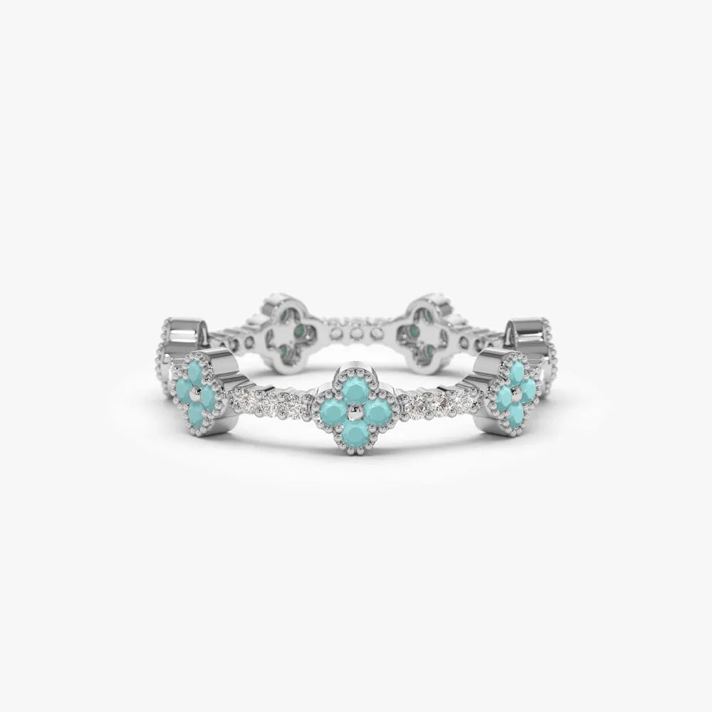 14K Gold Clover Turquoise and Diamond 0.44ctw Full Eternity Ring