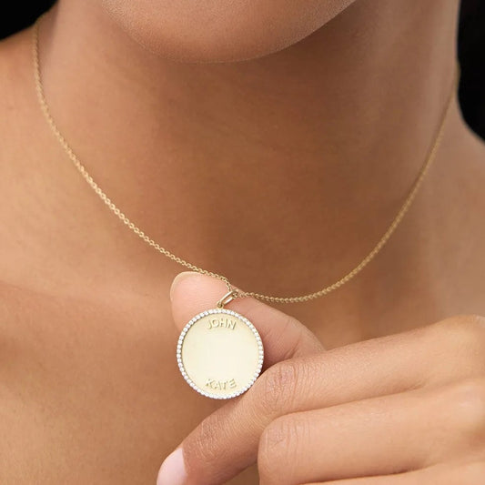 14K Solid Gold 0.25 CTW Round Diamond Personalized Medallion Necklace Prong Setting