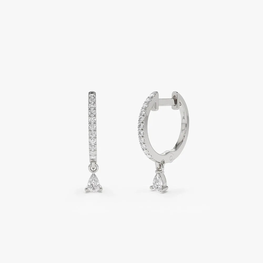 14k Gold Diamond Pear and Round Cut Dangling Huggie Earrings Prong Micro Pave 0.29 ctw